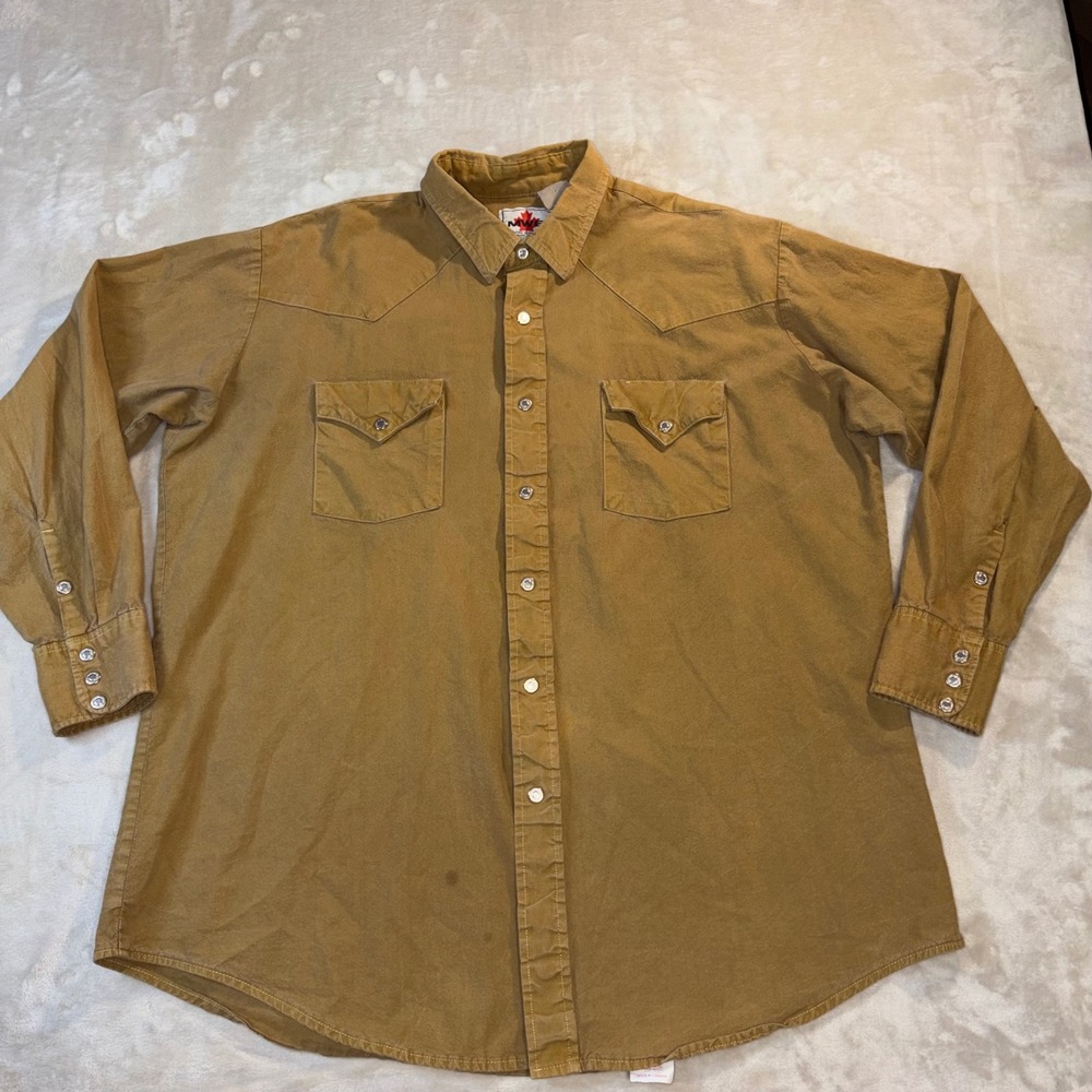 Vintage MWG Mens Western Work Shirt Tan Canvas Snap Front Made in Canada XL